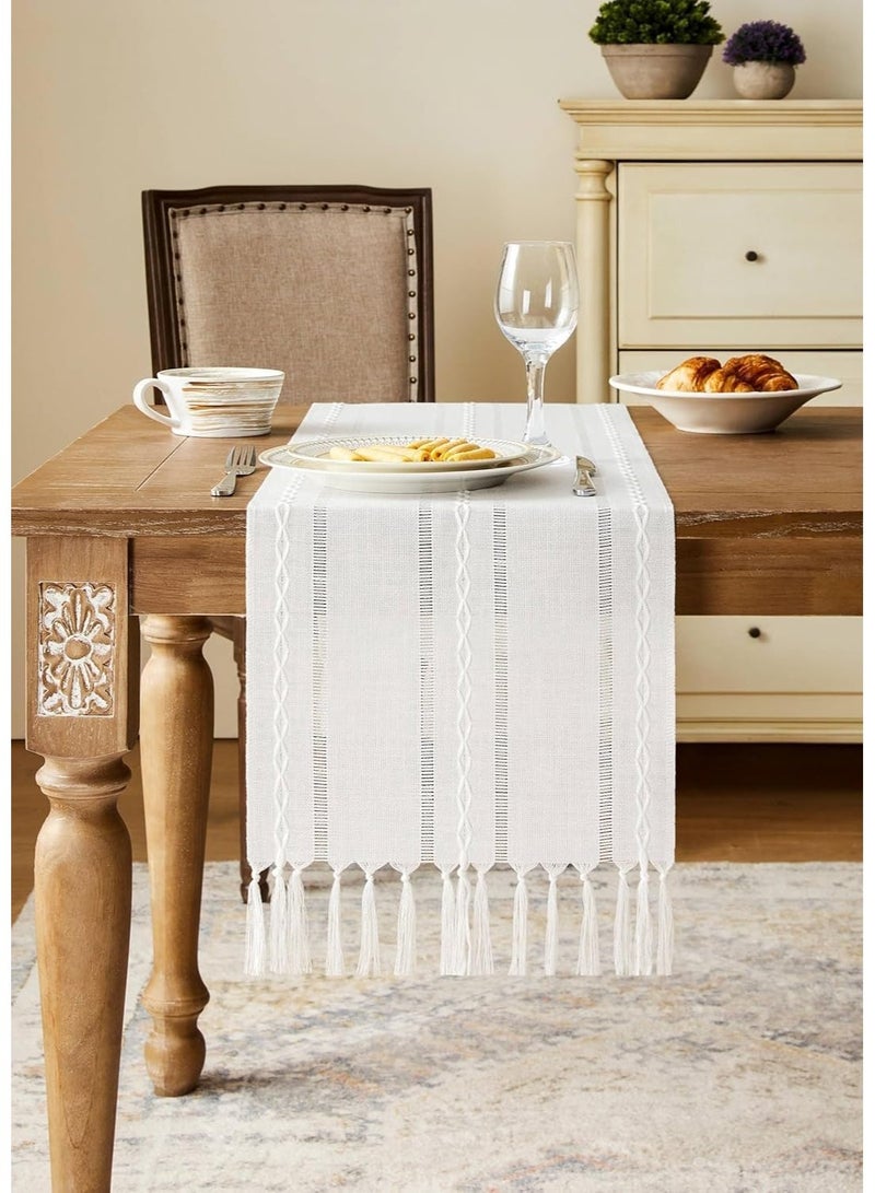 ChicAbode Christmas White Table Runner, White 13x72 Inch, Hemstitched Farmhouse Table Runners 72 Inches Long, Embroidered Striped White Boho Table Runner Rustic Home Decor - Image 2